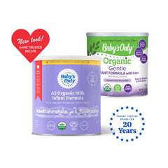 Baby's Only A2 Organic Milk Infant Formula powder being poured into a bottle for feeds.