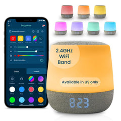 Babysense Dreamer 2.0 main device on nightstand soothing baby with sound and light for calm bedtimes.