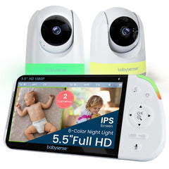 Babysense Full HD 5.5-inch split-screen display showing two live views for dual-room monitoring.