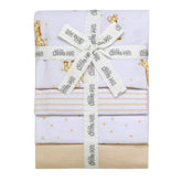 Baby Starters 4-pack flannel blankets with giraffe tan prints for gentle warmth and newborn comfort.