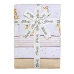 Baby Starters 4-pack flannel blankets with giraffe tan prints for gentle warmth and newborn comfort.