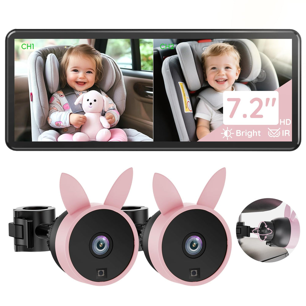 Babyvue BV3PRO dual-camera with split-screen view monitors two kids in the back seat.