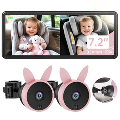 Babyvue BV3PRO dual-camera with split-screen view monitors two kids in the back seat.