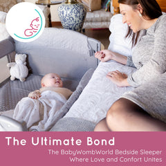 BabyWombWorld bassinet storage compartments keep diapers and toys within reach.