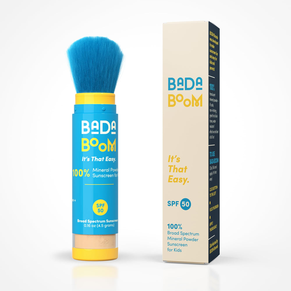 Bada Boom mineral translucent sunscreen powder brush for easy SPF 50 application.