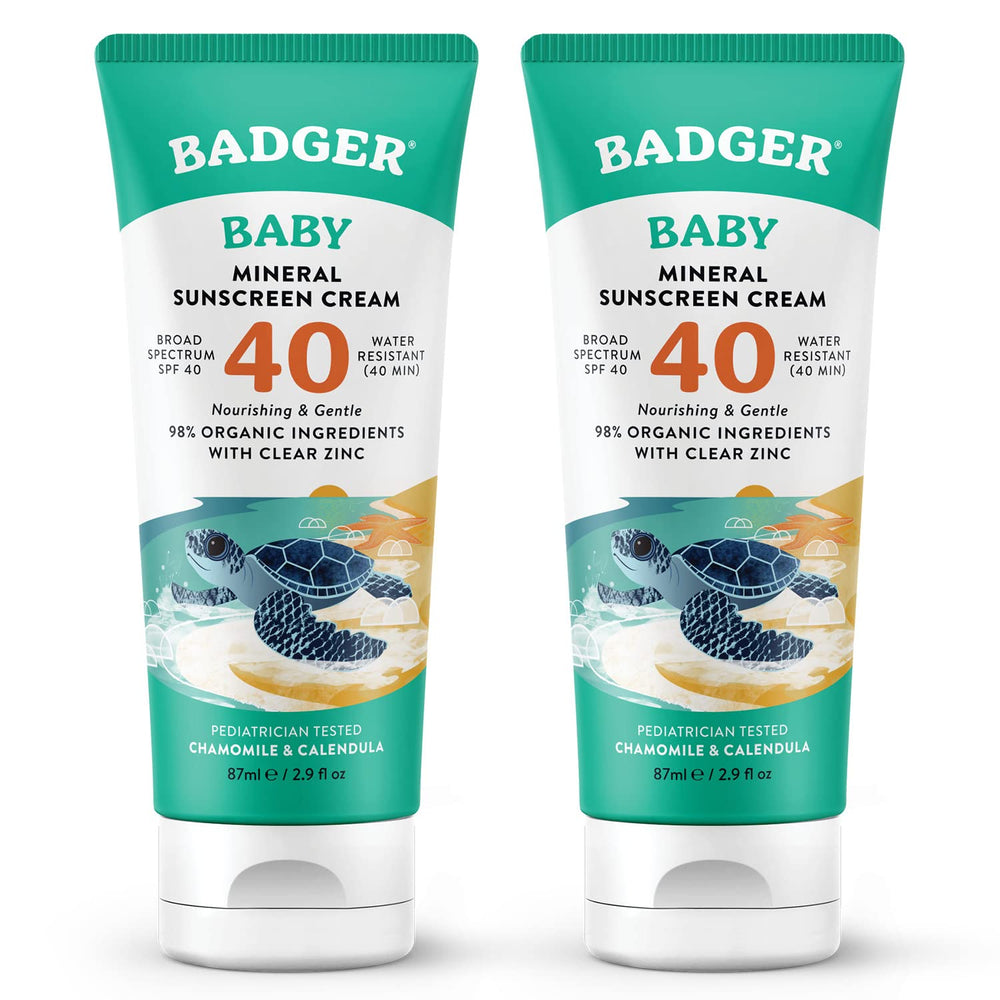 Badger Mineral Baby Sunscreen Cream tube—gentle mineral protection for sensitive baby skin.