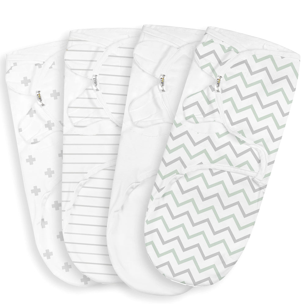 Baebae Goods swaddle four-pack in grey/green chevron laid flat for newborn comfort.