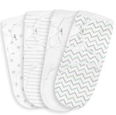Baebae Goods swaddle four-pack in grey/green chevron laid flat for newborn comfort.