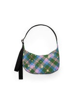 BAGGU Small Nylon Crescent Bag in Green Star Plaid front view for everyday carry and style.