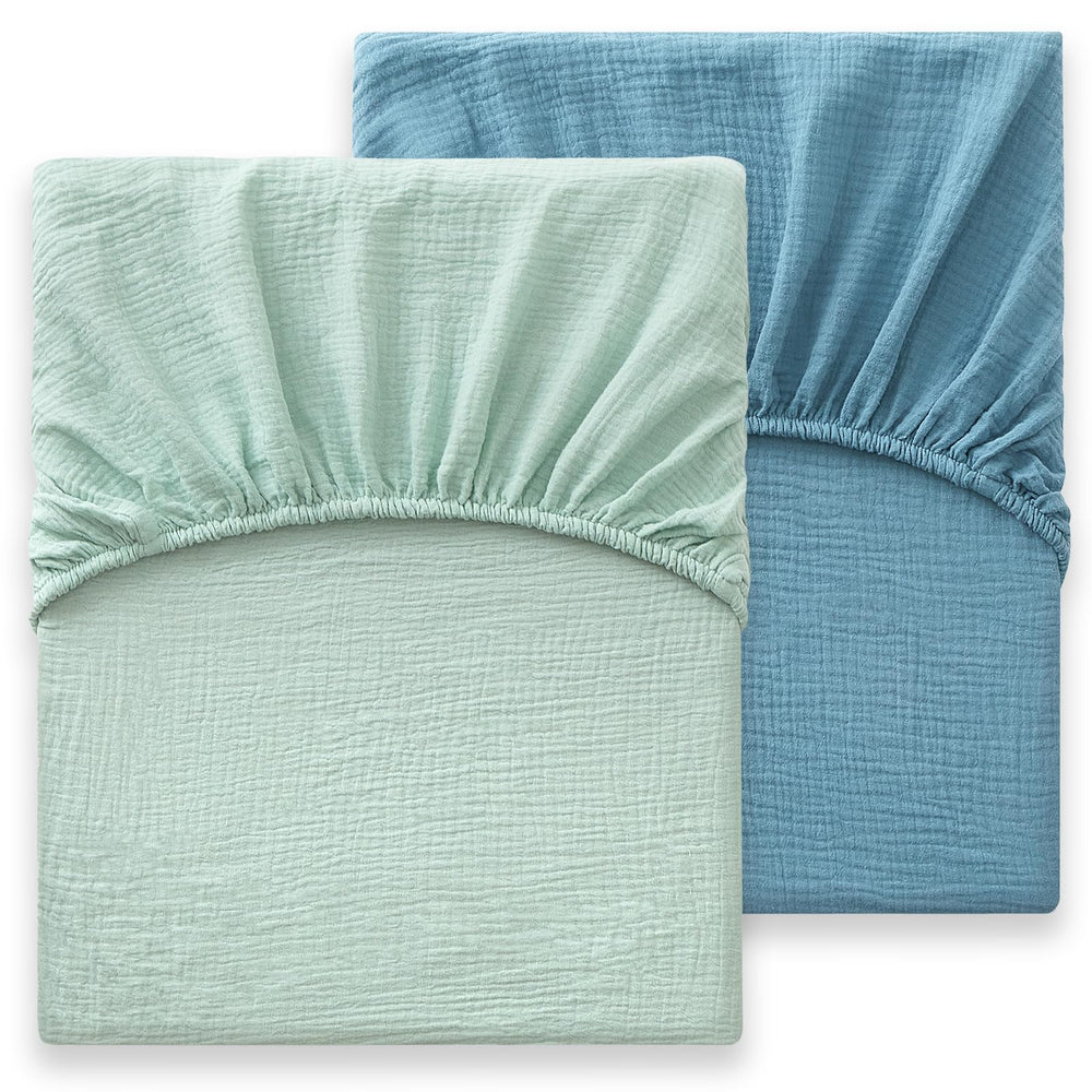 Bailix blue heavyweight muslin crib sheet offers breathable comfort for babies.