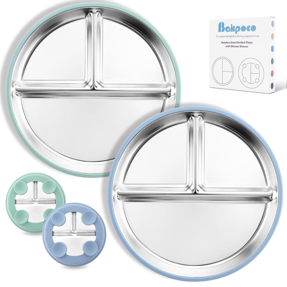 Bakpoco stainless steel toddler plate with suction keeps meals secure on a high chair tray