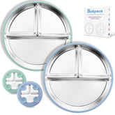 Bakpoco stainless steel toddler plate with suction keeps meals secure on a high chair tray