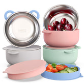 Bakpoco baby suction bowls with lids—4-pack for organized self-feeding meals.