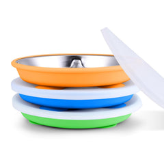 Bakpoco orange suction plate for toddlers with deep divided sections reduces spills.