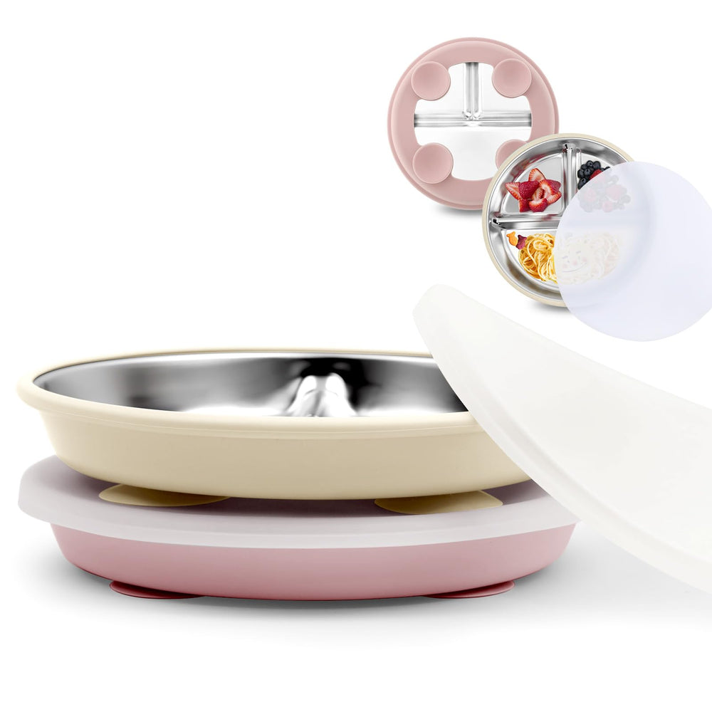 Bakpoco stainless steel toddler plate with lid on a tray for spill prevention