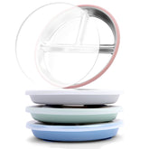 Bakpoco stainless steel toddler suction plate with lid on a tray, spill-reducing design.