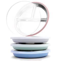 Bakpoco stainless steel toddler suction plate with lid on a tray, spill-reducing design.