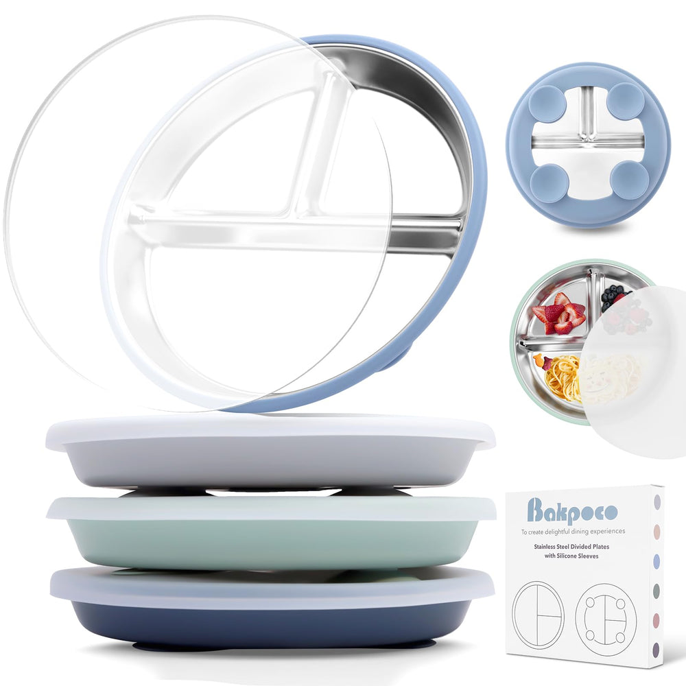Bakpoco suction plate with lid keeps meals tidy during travel and on-the-go.