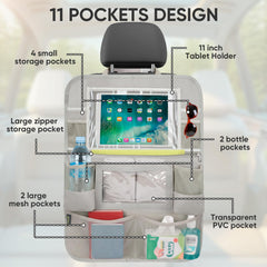BALEINE backseat organizer pocket layout with 11 pockets for bottles and devices.