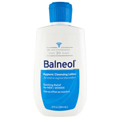 Balneol hygienic cleansing lotion bottle pour shows gentle, mess-free cleanse for sensitive areas.