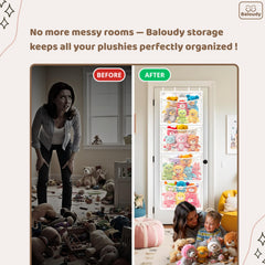 Baloudy four-hook hanging system saves floor space and provides quick toy access.