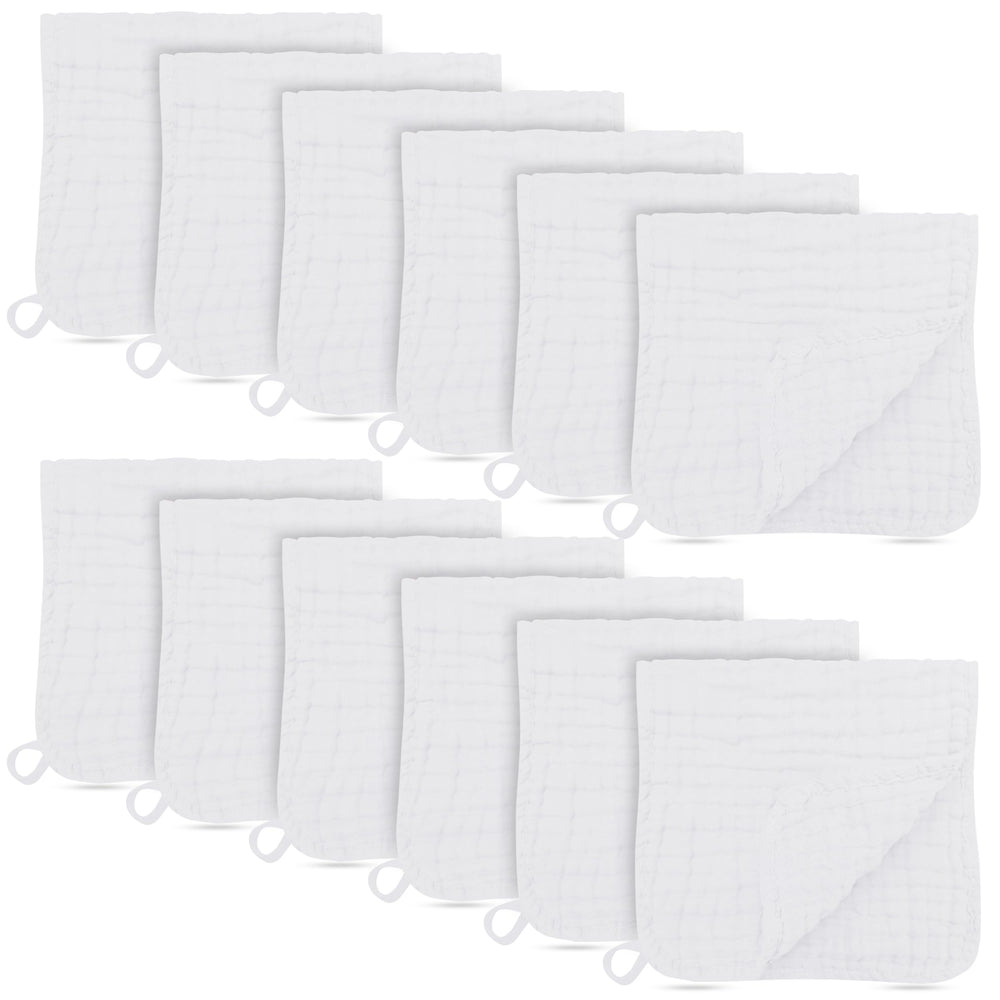 BAMBOO QUEEN muslin burp cloths, 12-pack, showcasing gentle, full-coverage protection.