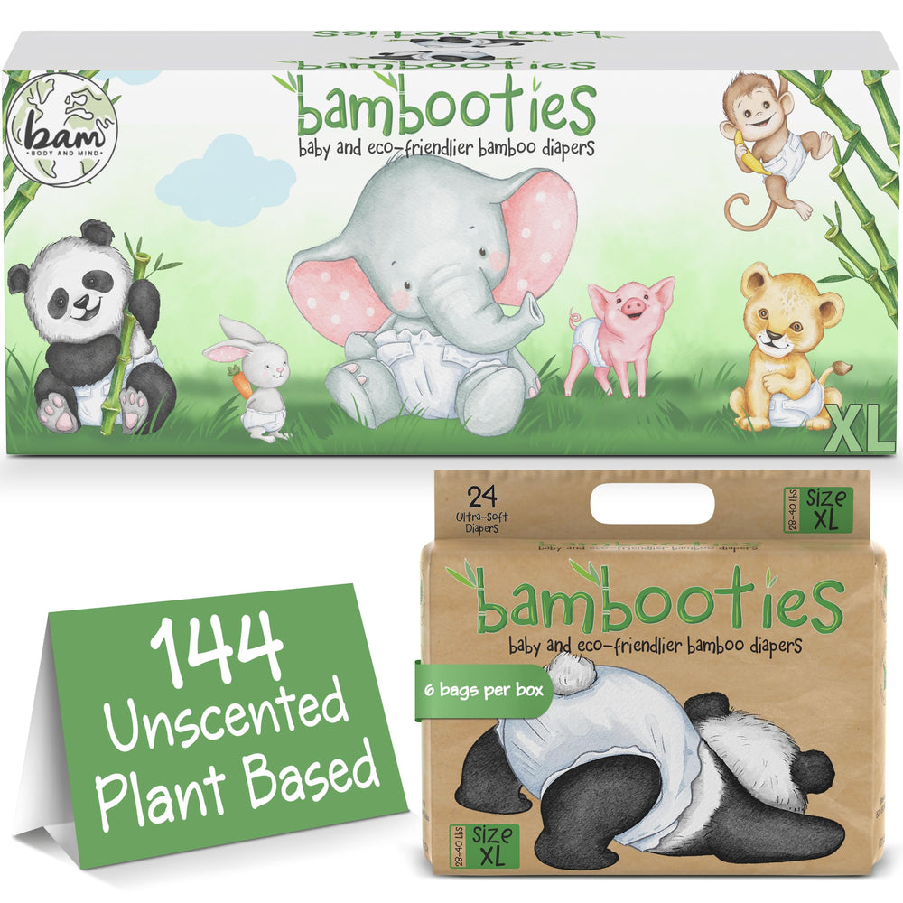 Bambooties bamboo diapers pack front view showing the 144-count box for sensitive skin