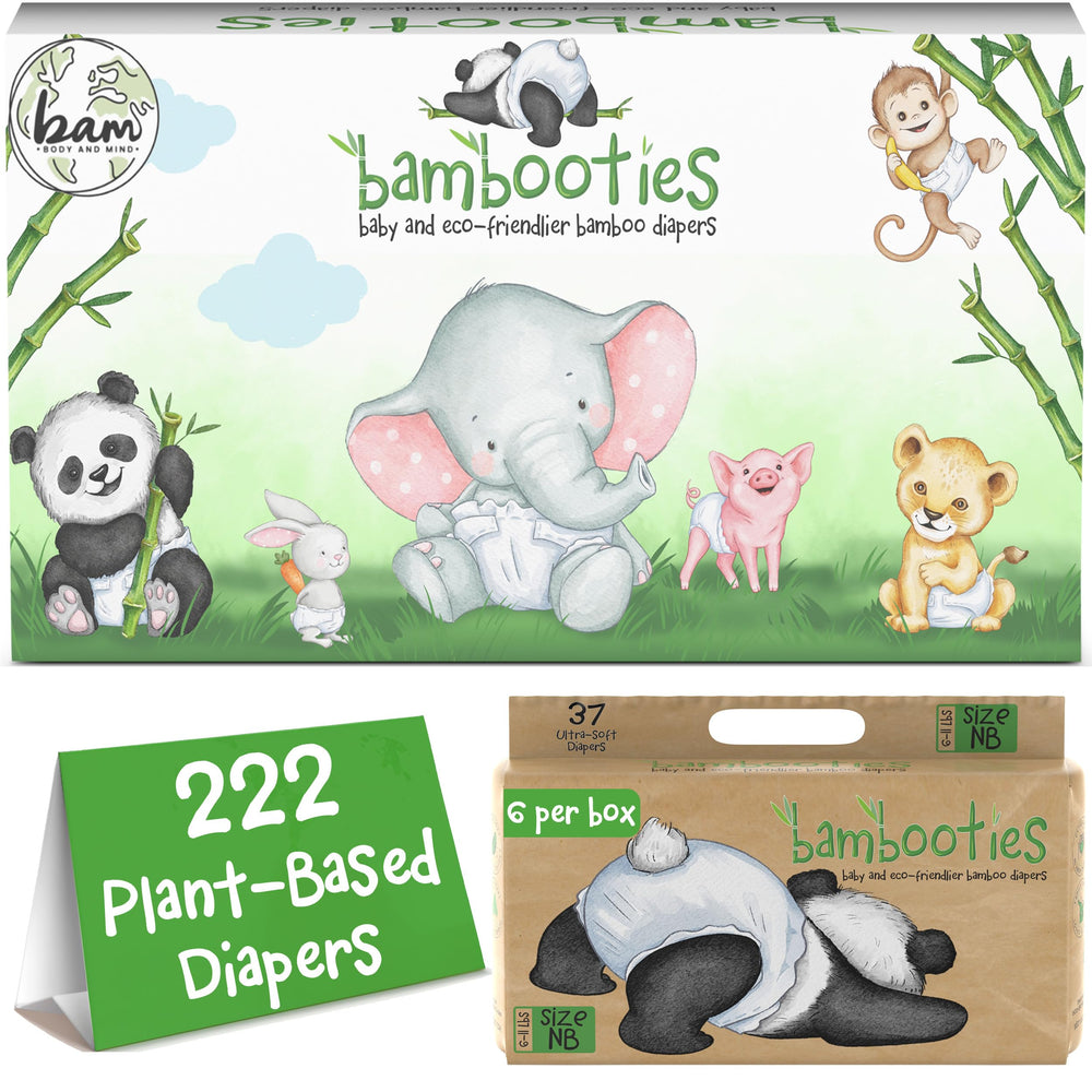 Bambooties NB newborn diapers pack shows soft, skin-friendly coverage for sensitive newborns.
