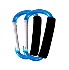 BanYakong Stroller Hooks 2‑pack on sky blue, ready to attach to a stroller handle for extra storage.
