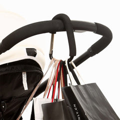 BanYakong rose red hooks with 35 lb capacity shown on a stroller