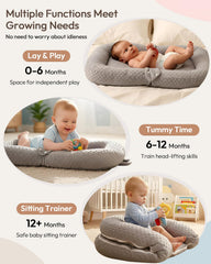 Baobrava Lounger shown in tummy-time use for development-friendly play.