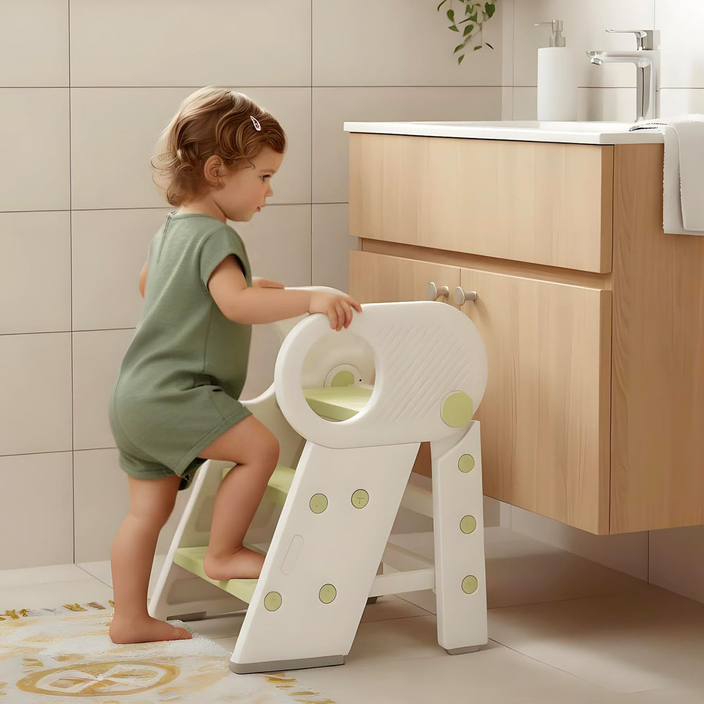 Baobrava foldable step stool adjustable-height, helping toddlers reach sinks safely and independently.