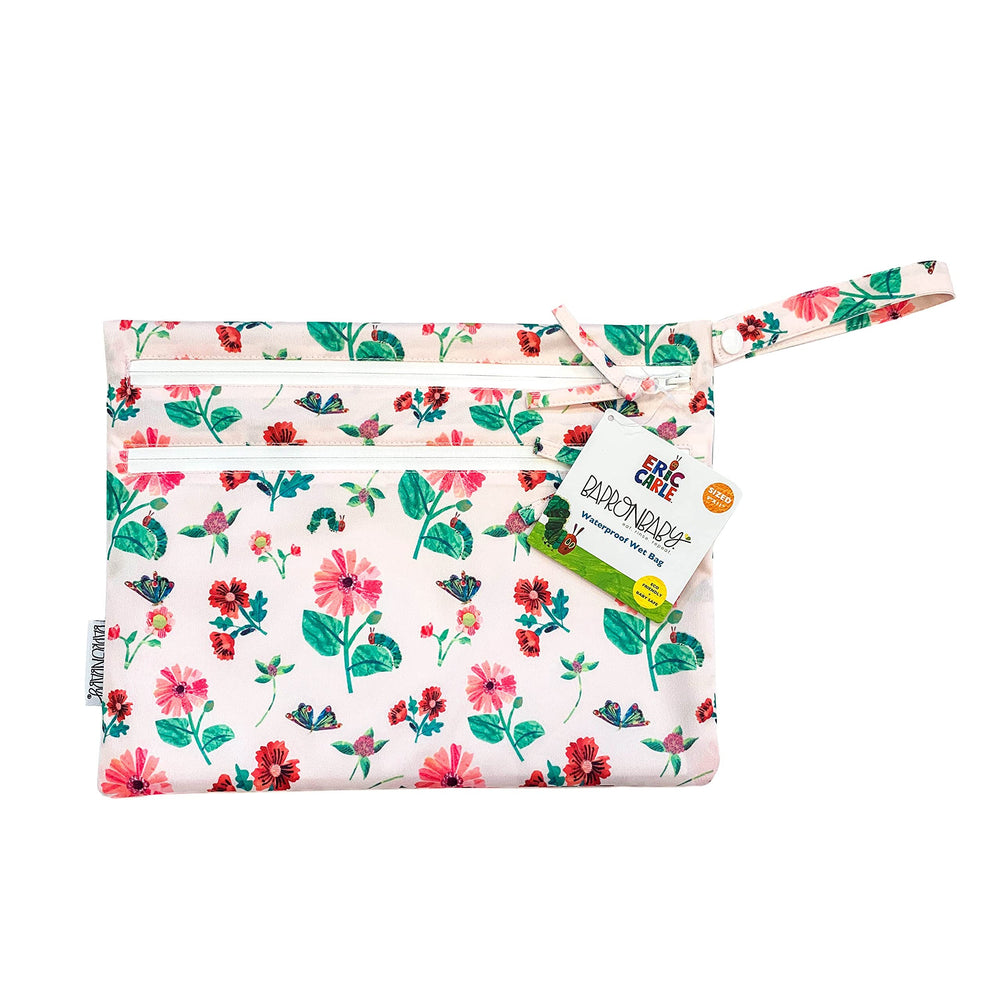 BapronBaby Eric Carle pink floral caterpillar wet dry bag front view for on-the-go organization