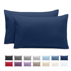 Bare Home toddler pillowcase on bed in dark blue for cozy sleep