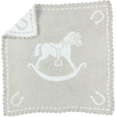 Barefoot Dreams CozyChic scalloped baby receiving blanket in Stone & Rocking Horse for ultra-soft cuddles.