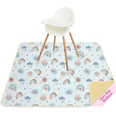 Basumee Splat Mat under high chair catches spills and protects floors