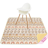 Basumee Splat Mat under high chair in brown geometry protects floors from spills.
