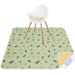 Basumee Splat Mat under high chair catches spills and protects floors.