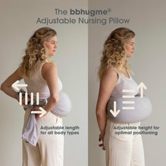 bbhugme pillow used in cradle, laid-back, and side-lying positions for comfort.