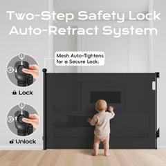 BBsecure retractable gate, 71-inch wide, ideal for doorways and hallways.
