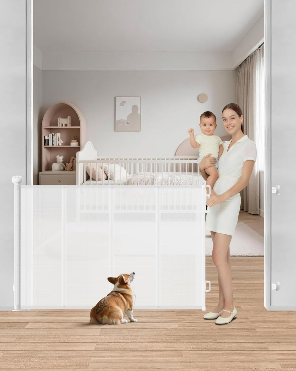 BBsecure retractable gate with 55 inch wide mesh and four reinforced rods for stable protection.