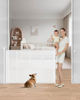 BBsecure retractable gate with 55 inch wide mesh and four reinforced rods for stable protection.