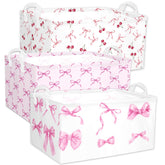 BBSET Coquette pink bow storage basket demonstrates stylish nursery organization with sturdy dual handles.