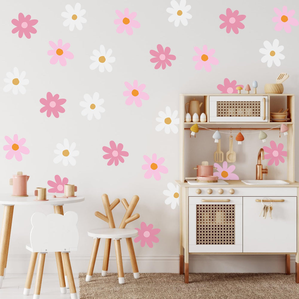 BBTO Daisy wall decal set with pink and white daisies brightens kids' room.