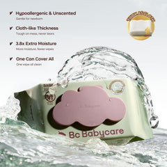 Bc Babycare Cloud Moist Wipes being pulled out shows a large wipe for quick cleanups