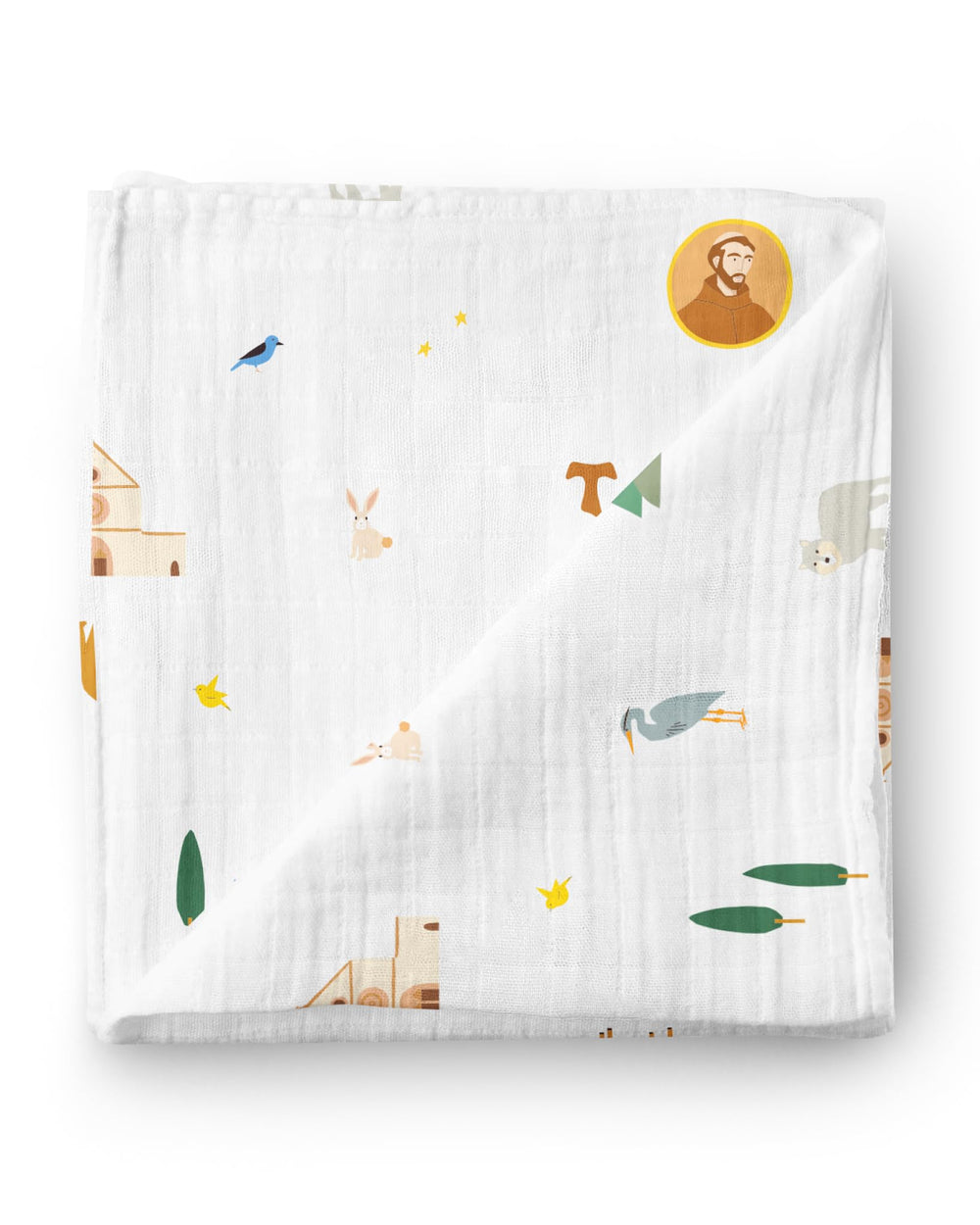 Be A Heart St. Francis swaddle blanket in soft fabric for newborn comfort.