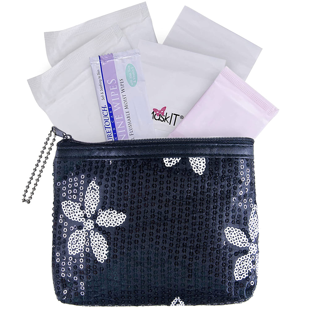 Be Prepared First Period Kit to-Go bag open, organized teen privacy in view.