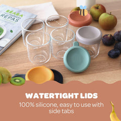 BEABA heat-resistant glass jars withstand warming and cooling for versatile heating and freezing.