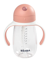 Beaba Straw Sippy Cup Rose in open/close leakproof mode to prevent spills