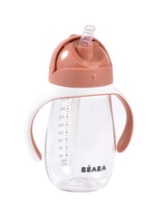 Beaba straw sippy cup terracotta with removable handles boosts grip and helps reduce spills.